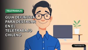 Ilustración plana de un trabajador remoto chileno sonriendo, con camisa azul, junto a un escritorio moderno con laptop y planta, sobre fondo degradado verde suave.