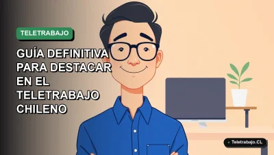 Ilustración plana de un trabajador remoto chileno sonriendo, con camisa azul, junto a un escritorio moderno con laptop y planta, sobre fondo degradado verde suave.