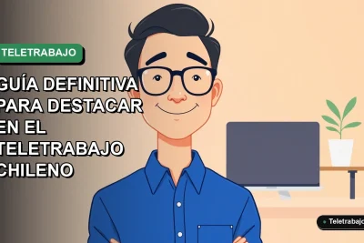 Ilustración plana de un trabajador remoto chileno sonriendo, con camisa azul, junto a un escritorio moderno con laptop y planta, sobre fondo degradado verde suave.