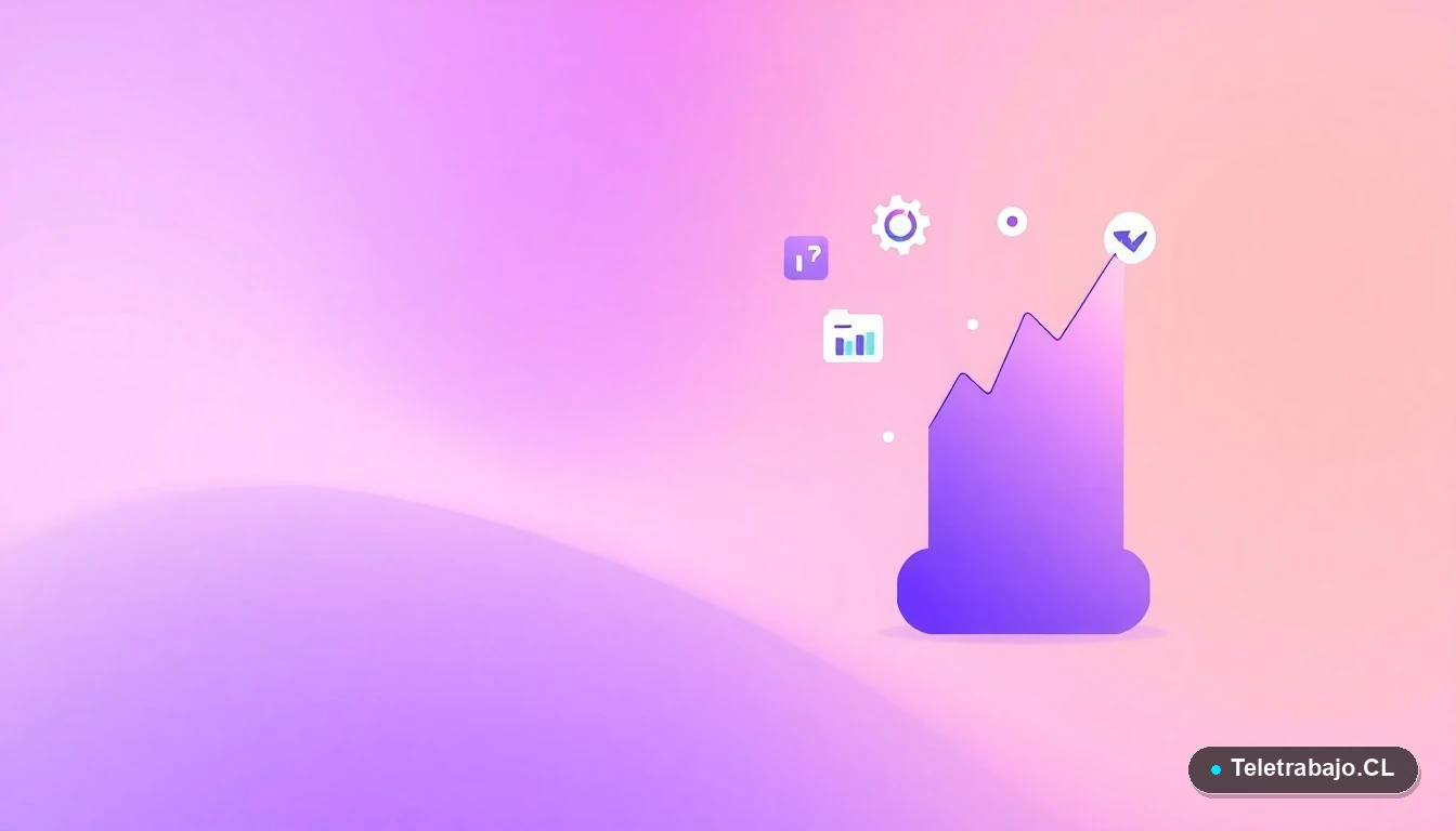 Elementos de interfaz de usuario abstractos y modernos, como gráficos y engranajes flotantes, sobre fondo degradado lila, representando habilidades digitales para teletrabajo.