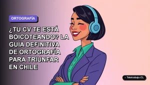 Ilustración plana vectorial de una mujer profesional chilena con expresión de alivio junto a un currículum vitae perfecto, fondo degradado lavanda.
