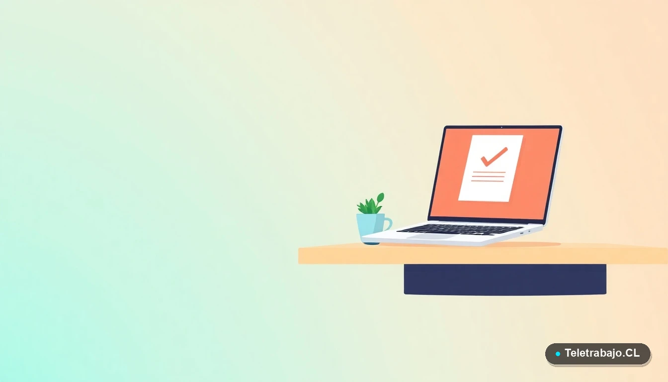 Escritorio moderno minimalista con laptop, documento digital aprobado y planta, ilustración plana vectorial para artículo sobre corrección de CV.