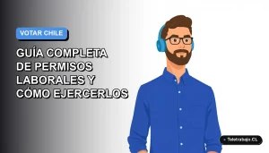 Ilustración plana vectorial de un trabajador remoto chileno con camisa azul, sobre un fondo degradado azul y blanco, representando el derecho al voto laboral.