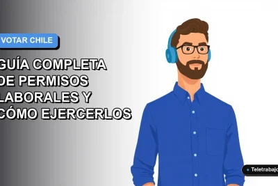 Ilustración plana vectorial de un trabajador remoto chileno con camisa azul, sobre un fondo degradado azul y blanco, representando el derecho al voto laboral.