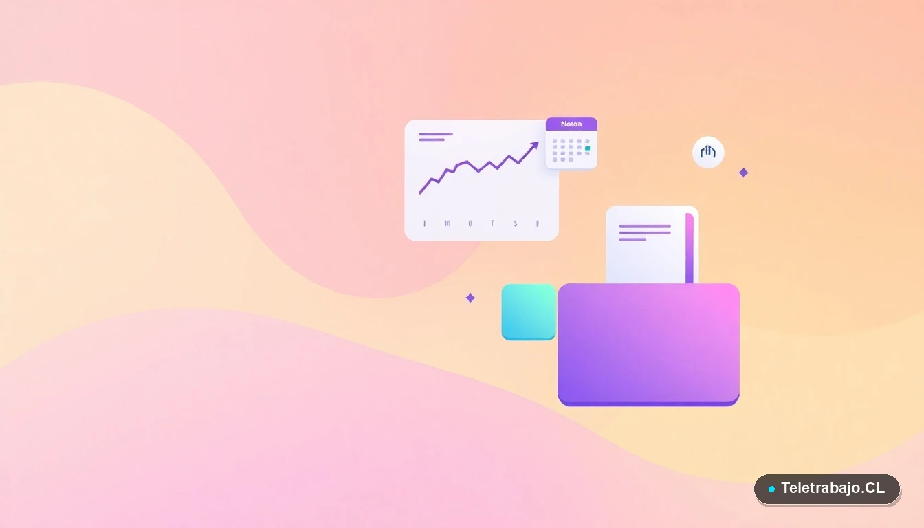 Elementos abstractos de interfaz de usuario con gráficos y carpetas flotantes sobre fondo degradado melocotón, concepto de gestión y derechos laborales digitales.