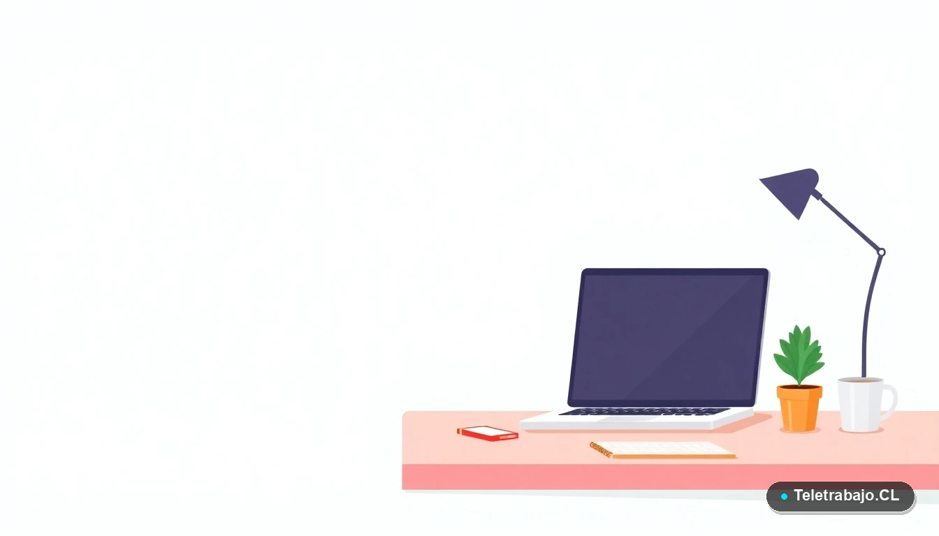 Escritorio moderno minimalista con laptop, cuaderno, taza de café y planta, ilustración plana sobre fondo degradado verde menta, concepto de espacio de trabajo para teletrabajo.