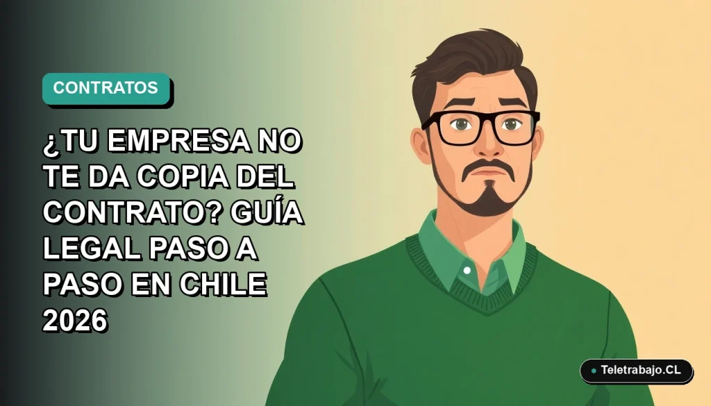Ilustración vectorial plana de un trabajador masculino de teletrabajo con suéter verde, sobre fondo degradado azul verdoso. Espacio negativo a la izquierda. Concepto de derechos laborales y contrato de trabajo en Chile.