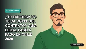 Ilustración vectorial plana de un trabajador masculino de teletrabajo con suéter verde, sobre fondo degradado azul verdoso. Espacio negativo a la izquierda. Concepto de derechos laborales y contrato de trabajo en Chile.