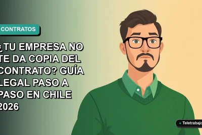 Ilustración vectorial plana de un trabajador masculino de teletrabajo con suéter verde, sobre fondo degradado azul verdoso. Espacio negativo a la izquierda. Concepto de derechos laborales y contrato de trabajo en Chile.
