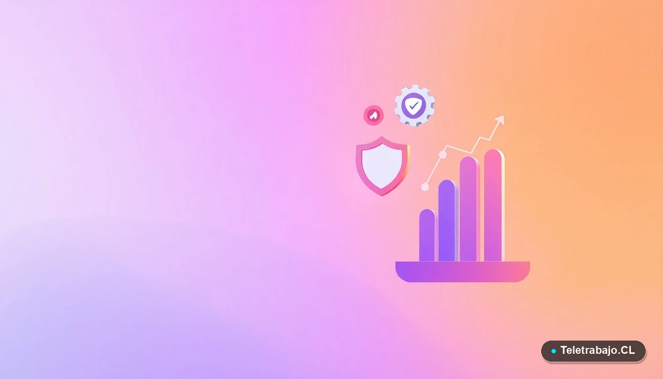 Ilustración vectorial de interfaz de usuario abstracta con iconos flotantes de documento, engranaje, escudo y gráfico, sobre fondo degradado lavanda. Representa conceptos de legalidad, seguridad y procesos.