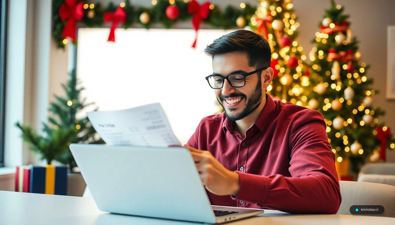 Profesional revisando su nómina de pago extra por trabajo en días festivos navideños