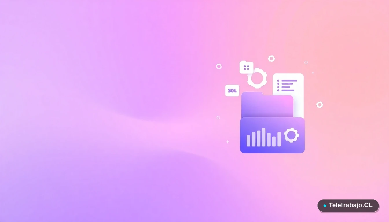 Elementos de interfaz de usuario abstractos y modernos, como gráficos y carpetas flotantes, con fondo degradado lila, simbolizando la gestión digital del historial laboral en Chile.