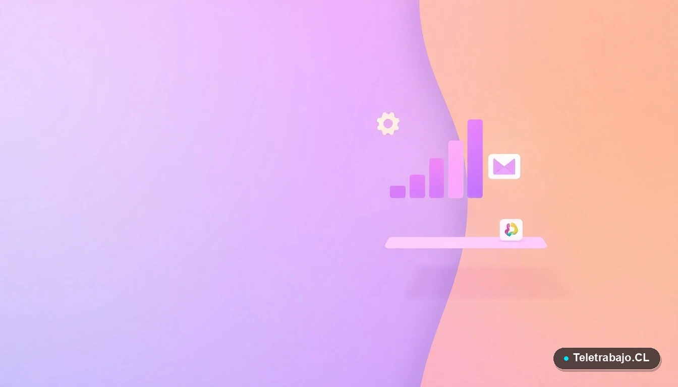 Ilustración abstracta de interfaz tecnológica con gráficos y iconos flotantes, sobre fondo degradado lila y durazno, concepto de productividad y análisis laboral.