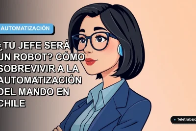 Ilustración vectorial plana de una mujer profesional chilena con blusa azul, mirando pensativamente hacia un espacio vacío, representando el futuro del liderazgo automatizado. Fondo con gradiente suave azul y gris.