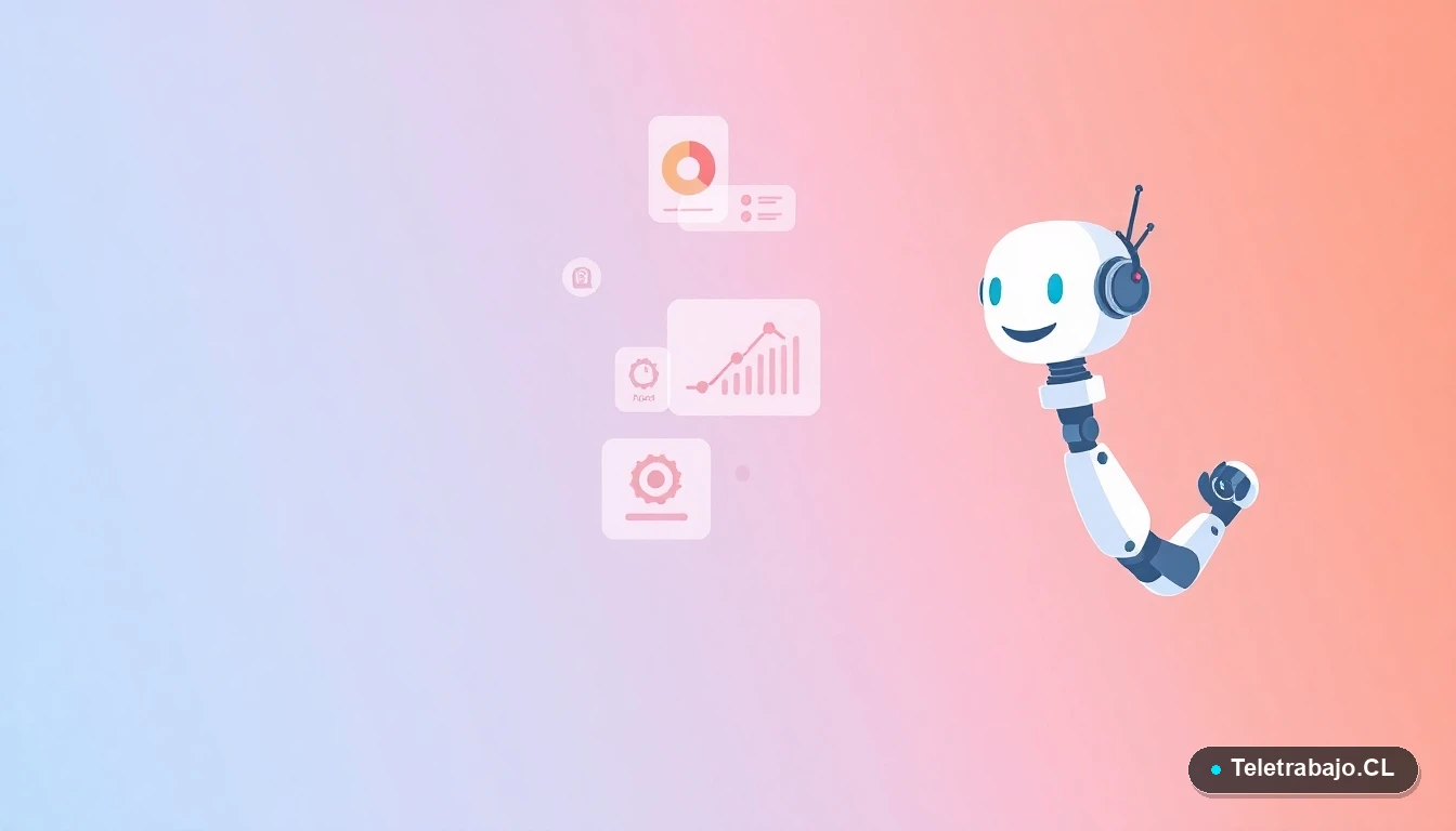 Iconos de interfaz de usuario abstractos y un brazo robótico estilizado flotando sobre un fondo con gradiente lavanda y durazno, simbolizando la tecnología de automatización en el lugar de trabajo.