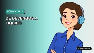 Ilustración plana vectorial corporativa de una trabajadora remota sonriente con blusa azul, junto a elementos de oficina moderna, explicando el proceso de la nómina en Chile sobre un fondo degradado vacío.