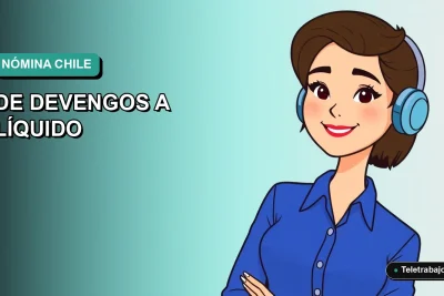 Ilustración plana vectorial corporativa de una trabajadora remota sonriente con blusa azul, junto a elementos de oficina moderna, explicando el proceso de la nómina en Chile sobre un fondo degradado vacío.