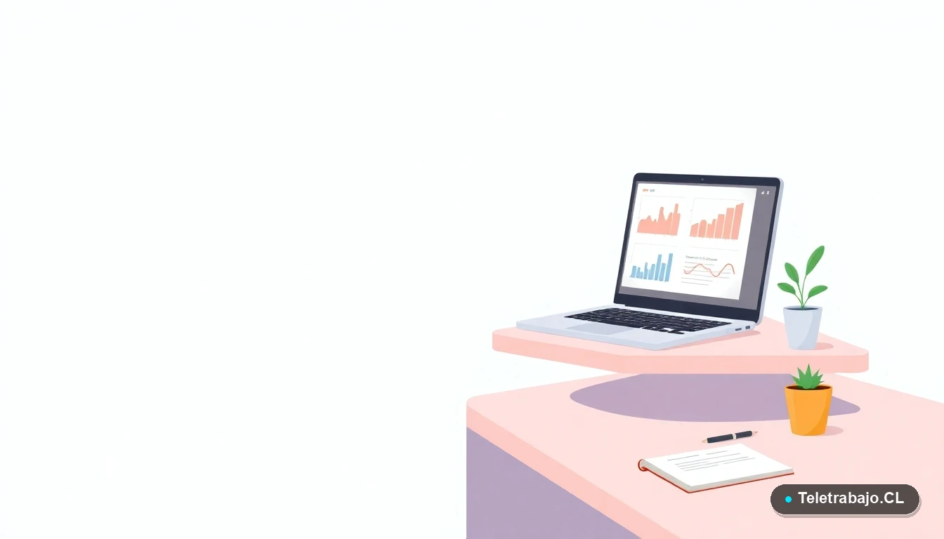 Escritorio moderno minimalista con laptop mostrando gráficos, cuaderno y planta, representando el cálculo de una nómina, sobre fondo degradado de color menta.