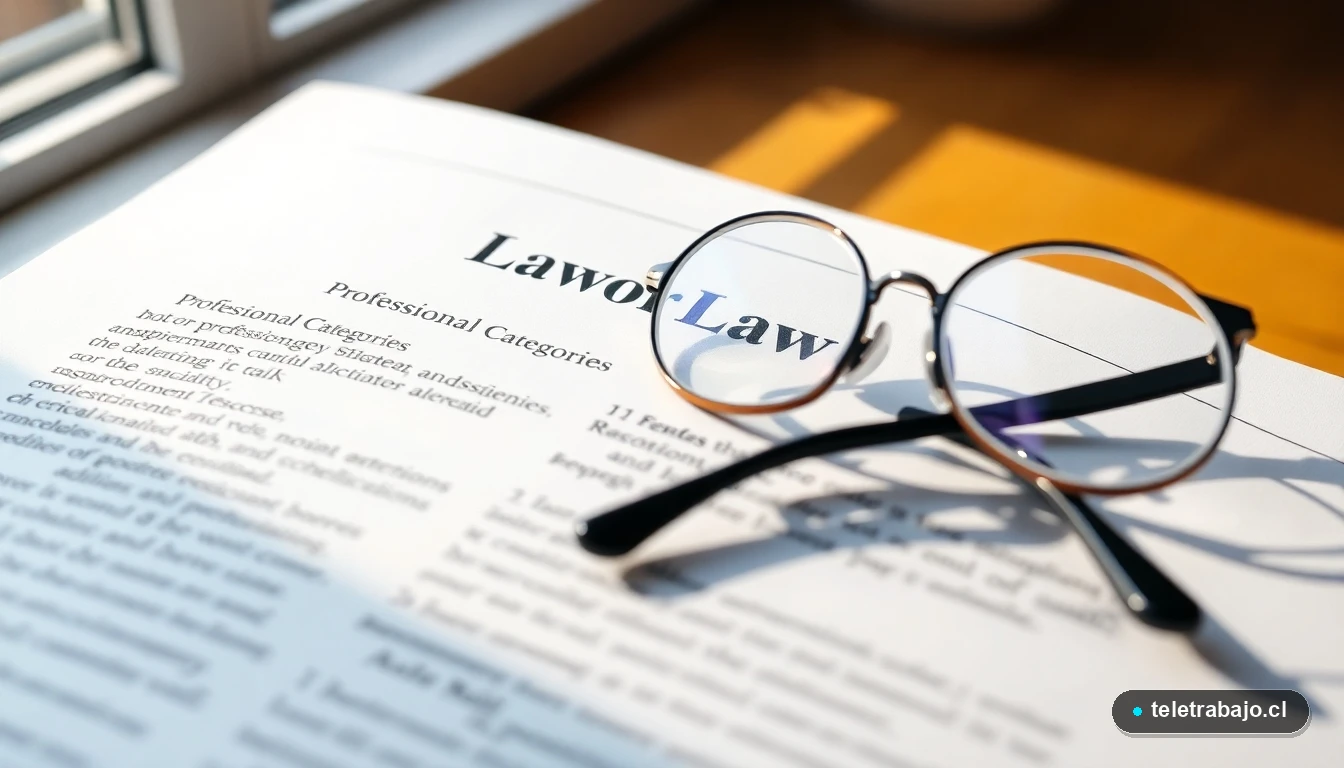 Libro de legislación laboral abierto sobre categorías profesionales, con unas gafas de lectura, en un despacho moderno.