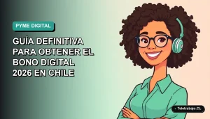 Ilustración plana de mujer profesional chilena sonriendo, fondo degradado azul verdoso, concepto de bono digital para pymes.