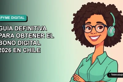 Ilustración plana de mujer profesional chilena sonriendo, fondo degradado azul verdoso, concepto de bono digital para pymes.