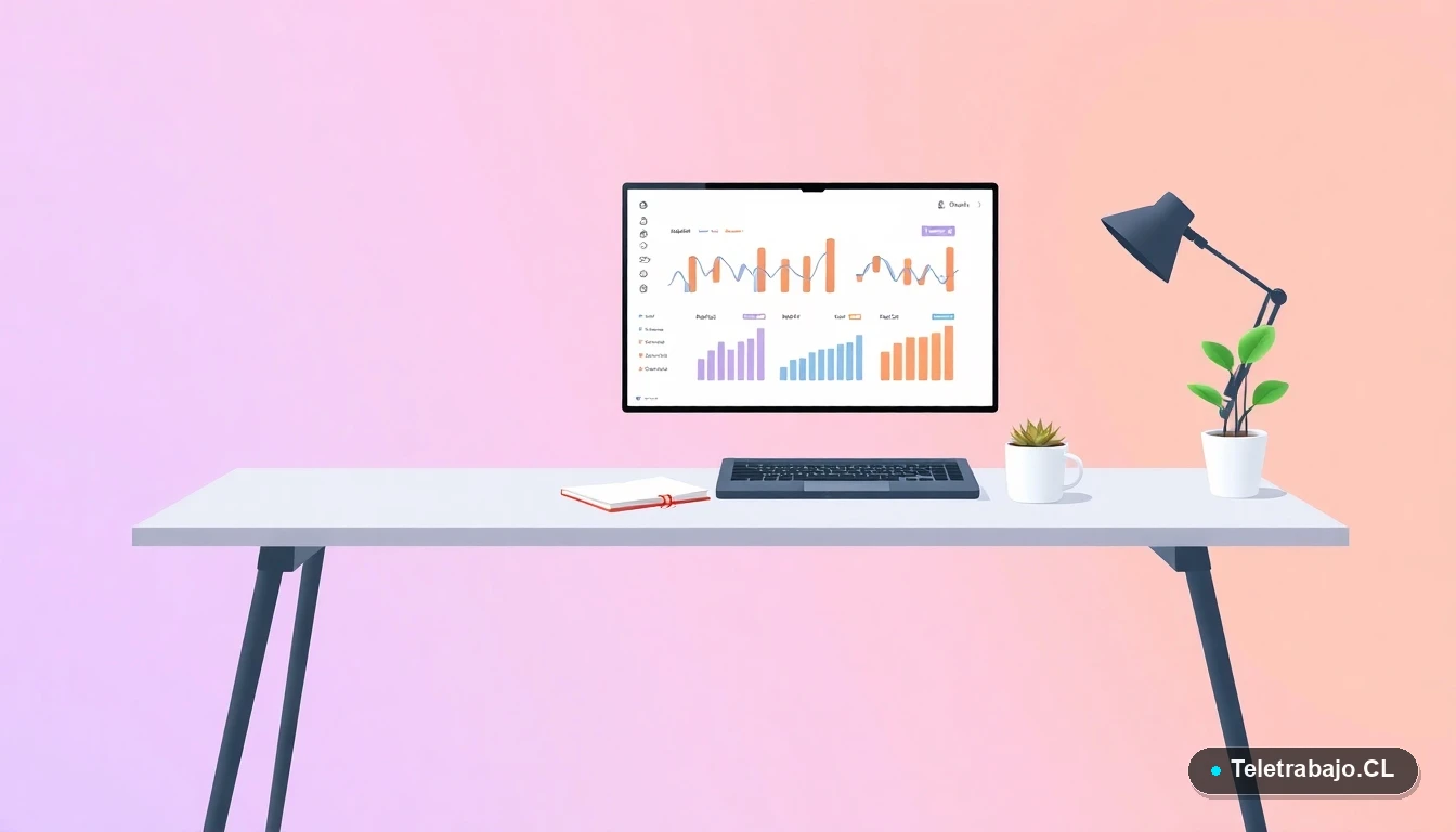 Escritorio moderno minimalista con laptop, gráficos, taza de café y planta, fondo degradado lila y durazno, concepto de digitalización para pymes.
