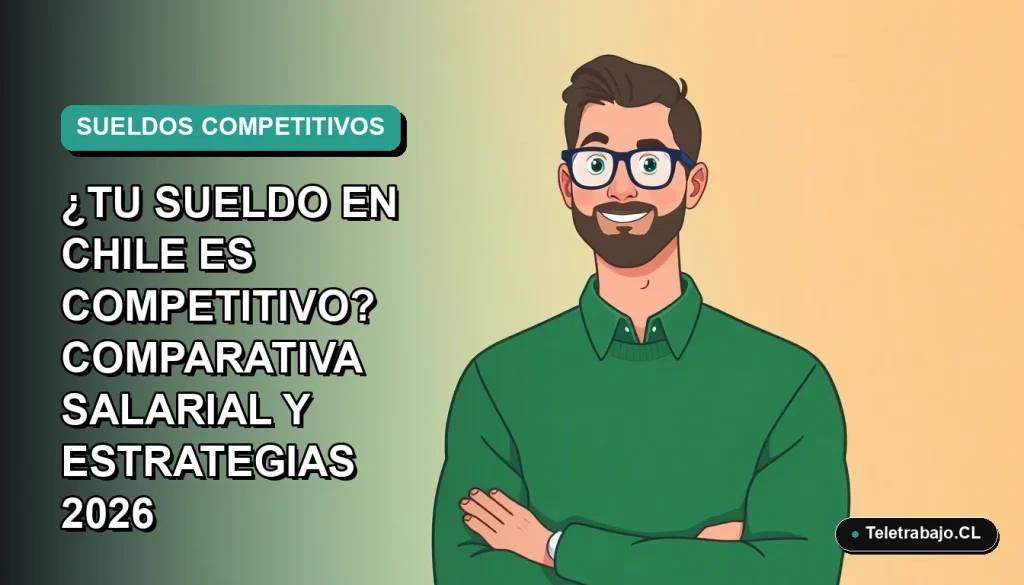 Ilustración vectorial plana de un trabajador masculino de tecnología con suéter verde, sobre fondo degradado azul verdoso. Representa análisis de sueldos competitivos en Chile.