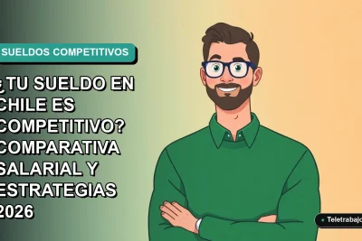 Ilustración vectorial plana de un trabajador masculino de tecnología con suéter verde, sobre fondo degradado azul verdoso. Representa análisis de sueldos competitivos en Chile.