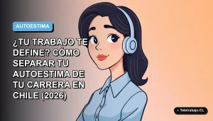 Ilustración vectorial plana de una mujer profesional chilena con expresión tranquila, mirando hacia un espacio vacío con fondo degradado azul, representando la separación entre identidad personal y trabajo.