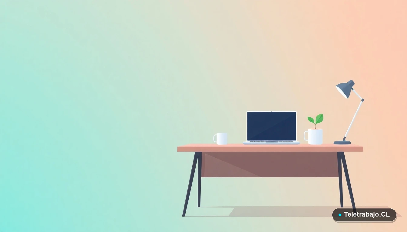 Escritorio moderno minimalista vacío con laptop, planta y taza de café sobre fondo degradado verde azulado, simbolizando pausa y separación del espacio laboral.