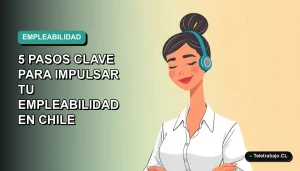 Ilustración plana vectorial de una mujer profesional chilena con camisa blanca y pelo recogido, sobre un fondo degradado azul verdoso. Espacio negativo a la izquierda. Concepto de desarrollo profesional y empleabilidad para el verano 2026.