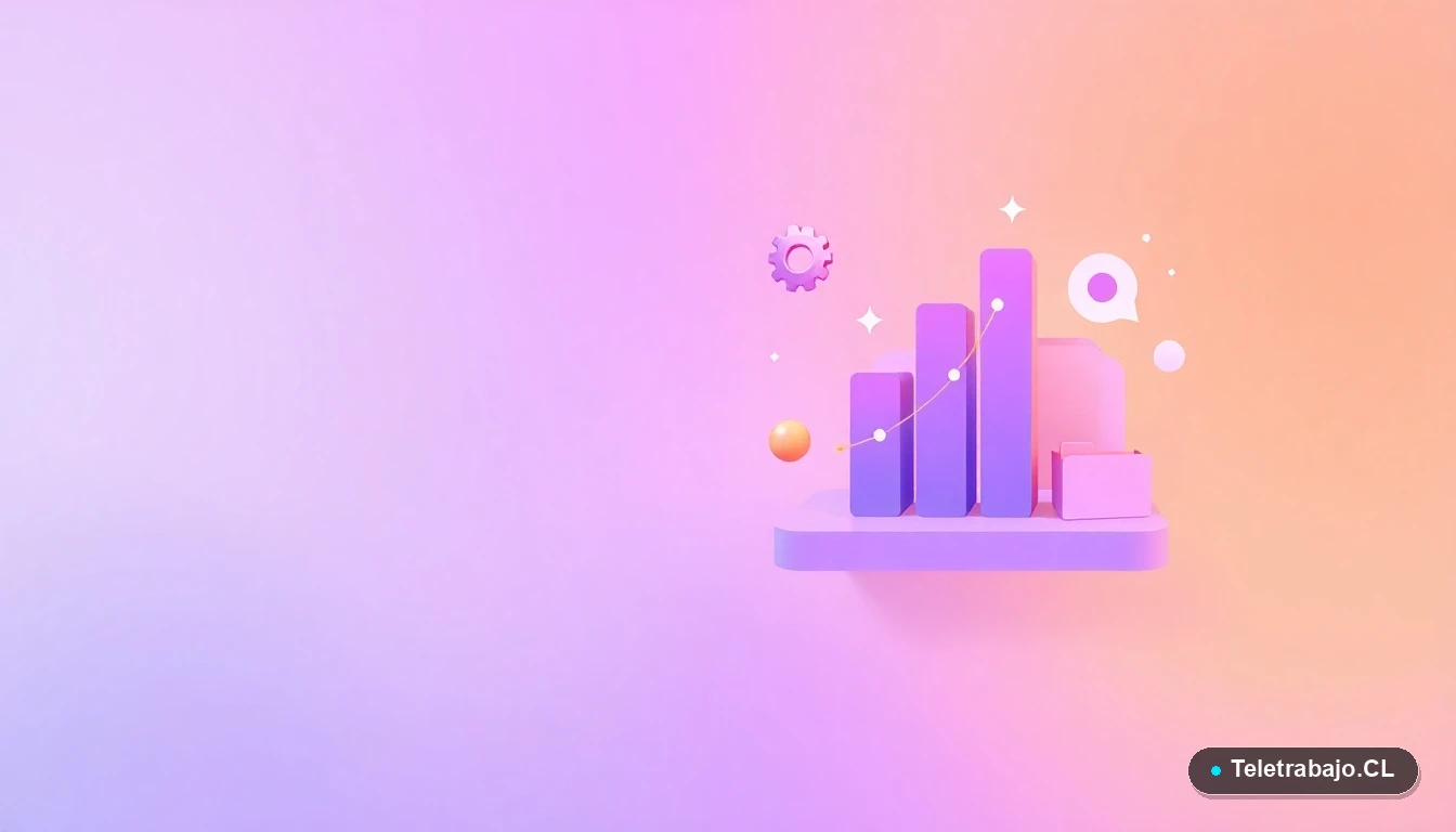 Composición abstracta de interfaz de usuario con gráficos, engranajes y carpetas flotantes en colores lavanda y durazno, sobre fondo degradado. Representación visual de datos, tecnología y organización para el crecimiento profesional.