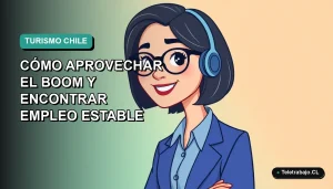 Ilustración plana vectorial de mujer profesional sonriente con blusa azul, sobre fondo degradado verde azulado, representando oportunidades laborales en el turismo chileno.