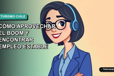 Ilustración plana vectorial de mujer profesional sonriente con blusa azul, sobre fondo degradado verde azulado, representando oportunidades laborales en el turismo chileno.