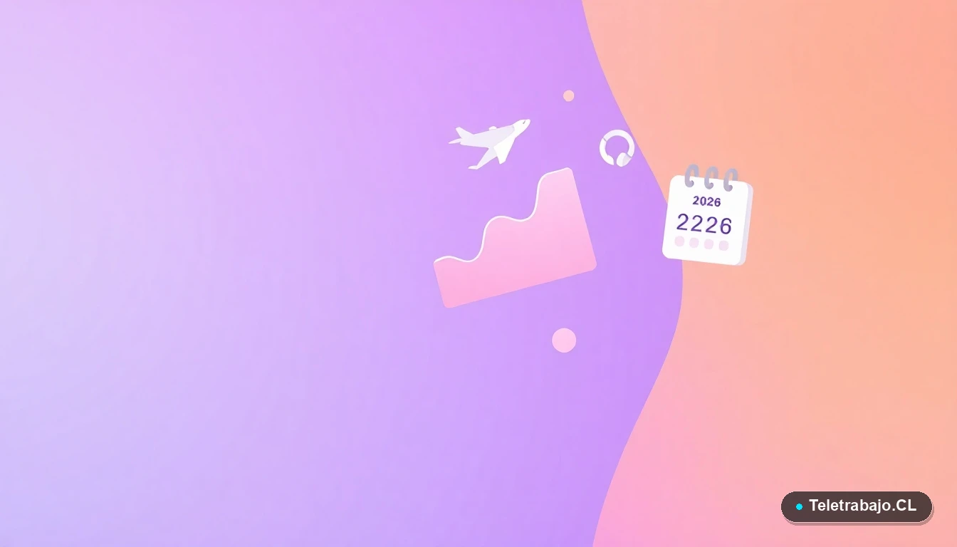 Elementos de interfaz de usuario abstractos y coloridos, como gráficos y un avión, flotando sobre un fondo degradado lila, simbolizando la planificación y el crecimiento del sector turístico en Chile para 2026.