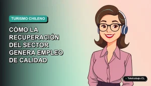 Ilustración vectorial plana moderna de una mujer profesional de teletrabajo sonriendo, con fondo degradado azul verdoso, representando la generación de empleo de calidad en el sector turístico de Chile para el 2026.