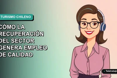 Ilustración vectorial plana moderna de una mujer profesional de teletrabajo sonriendo, con fondo degradado azul verdoso, representando la generación de empleo de calidad en el sector turístico de Chile para el 2026.