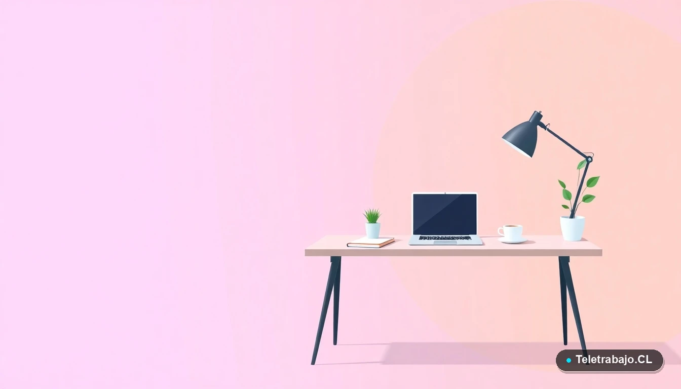 Escritorio moderno minimalista para teletrabajo con laptop, cuaderno, taza de café y planta, sobre fondo degradado lila y durazno, simbolizando el entorno laboral de calidad generado por el turismo en Chile.