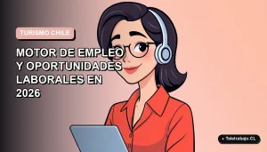 Ilustración vectorial plana de mujer profesional chilena sonriente, con blusa color salmón, frente a un fondo degradado suave. Representa oportunidades laborales en el sector turismo para 2026.