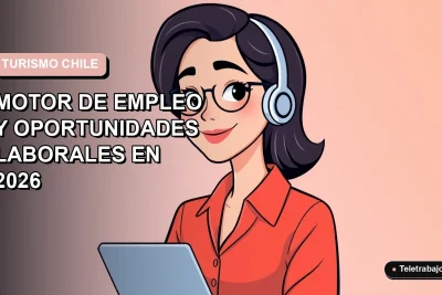 Ilustración vectorial plana de mujer profesional chilena sonriente, con blusa color salmón, frente a un fondo degradado suave. Representa oportunidades laborales en el sector turismo para 2026.