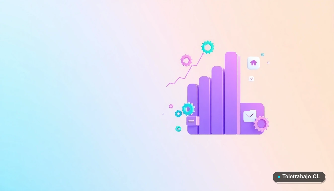 Composición abstracta de interfaz de usuario con gráficos, engranajes y carpetas flotantes en estilo vectorial plano, sobre fondo degradado azul y verde menta, representando el crecimiento y la tecnología en el sector turístico chileno.