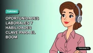 Ilustración plana vectorial de mujer profesional de turismo con laptop, fondo degradado azul verdoso, estilo corporativo moderno.