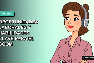 Ilustración plana vectorial de mujer profesional de turismo con laptop, fondo degradado azul verdoso, estilo corporativo moderno.