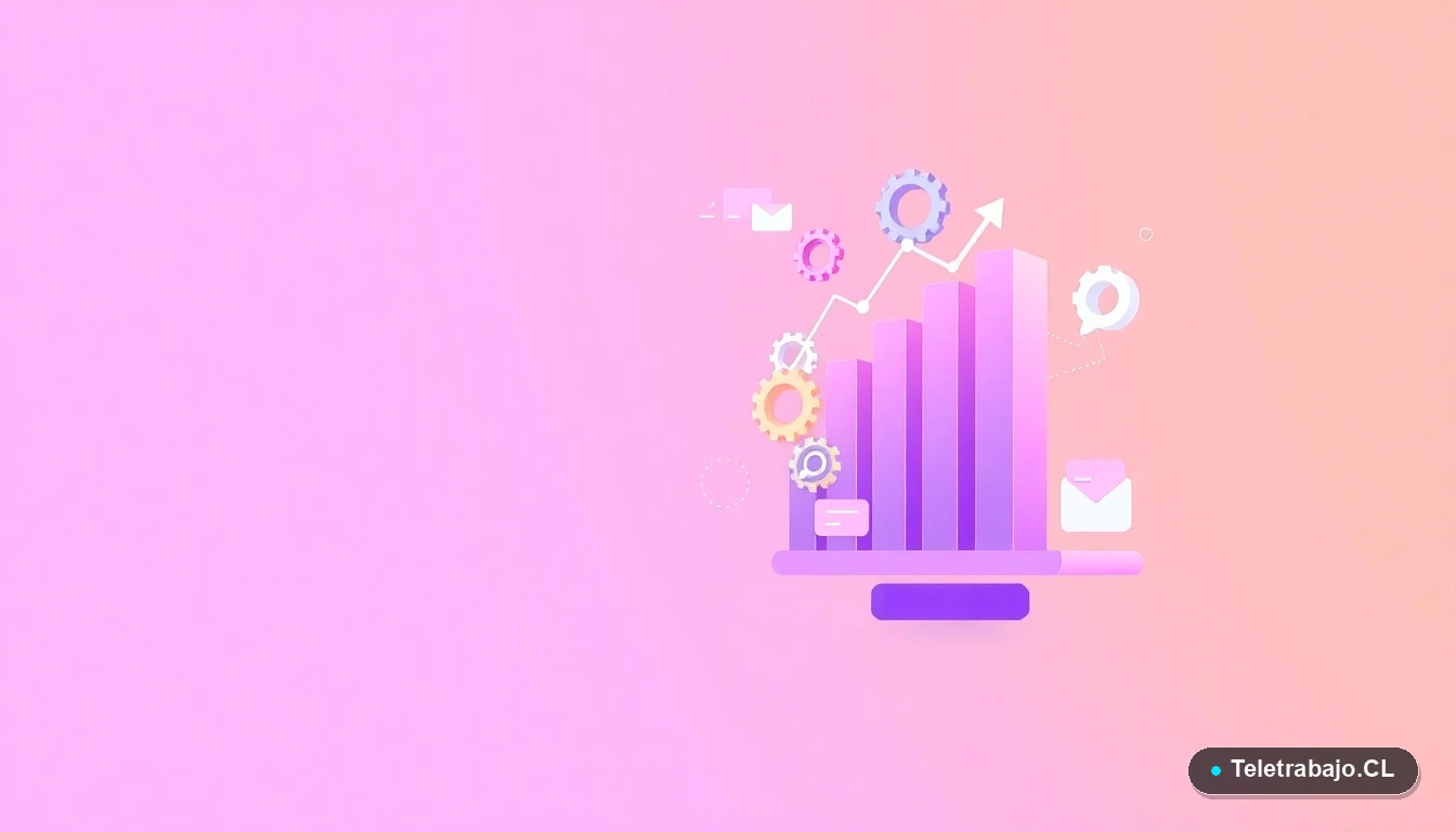 Elementos de interfaz de usuario abstractos, gráficos y engranajes flotantes sobre fondo degradado lavanda, representando habilidades tecnológicas para el turismo.