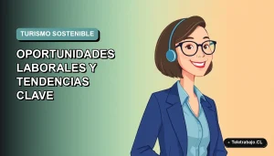 Ilustración plana vectorial de una mujer profesional chilena sonriente, con blusa azul, mirando hacia la izquierda en un fondo degradado suave de color verde azulado, representando el turismo sostenible y el trabajo remoto en Chile.