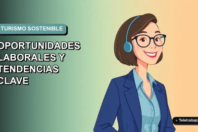 Ilustración plana vectorial de una mujer profesional chilena sonriente, con blusa azul, mirando hacia la izquierda en un fondo degradado suave de color verde azulado, representando el turismo sostenible y el trabajo remoto en Chile.