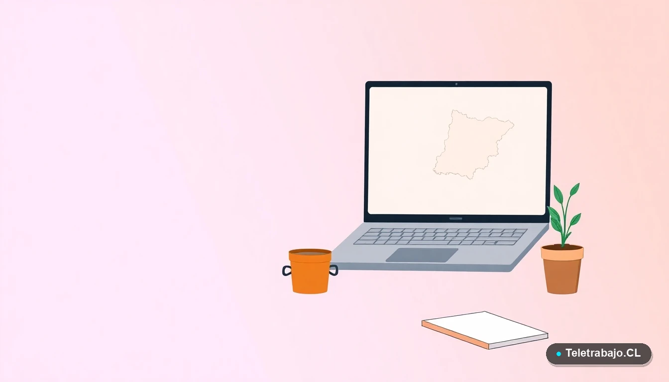 Escritorio moderno minimalista con laptop mostrando un mapa de Chile, taza reutilizable y planta, sobre fondo degradado lila y durazno, simbolizando la planificación remota del turismo sostenible.