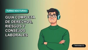 Ilustración plana de trabajador remoto en turno de noche, sobre fondo degradado azul verdoso, estilo Corporativo Memphis.