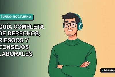 Ilustración plana de trabajador remoto en turno de noche, sobre fondo degradado azul verdoso, estilo Corporativo Memphis.