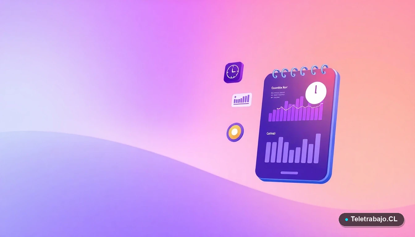 Elementos abstractos de interfaz de usuario sobre trabajo nocturno, como reloj y calendario en modo oscuro, sobre fondo degradado lila.